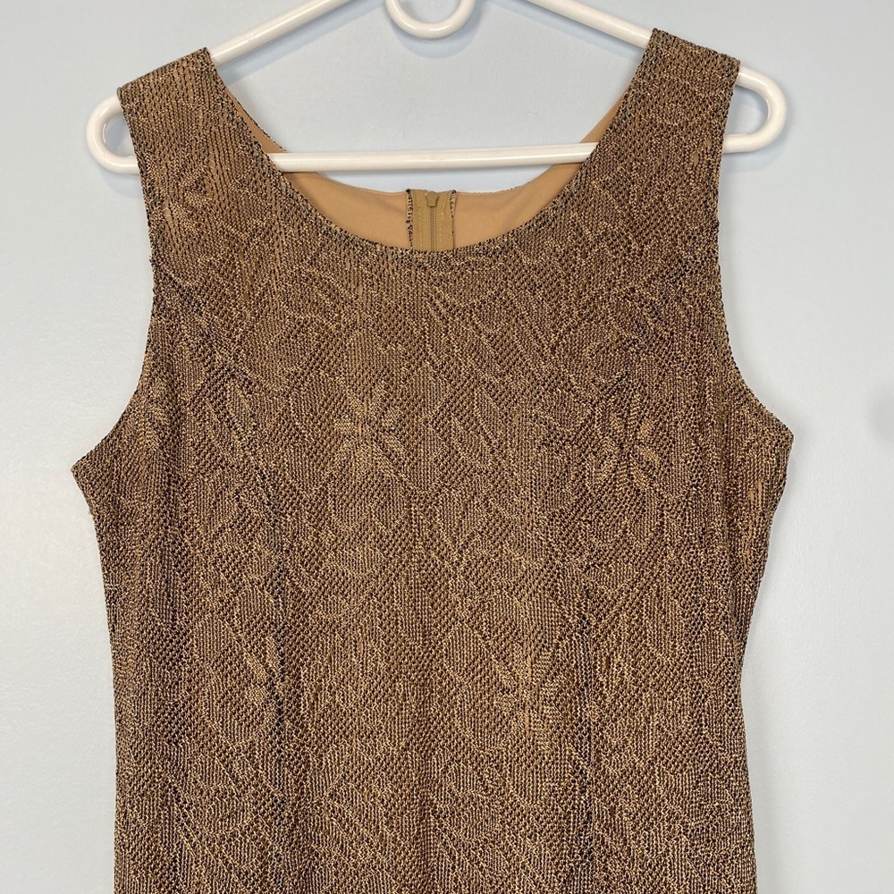 Vintage 80s Gold Bodycon XL Dress Crochet Metallic Knit Lace Cocktail Party Boho - Picture 8 of 11